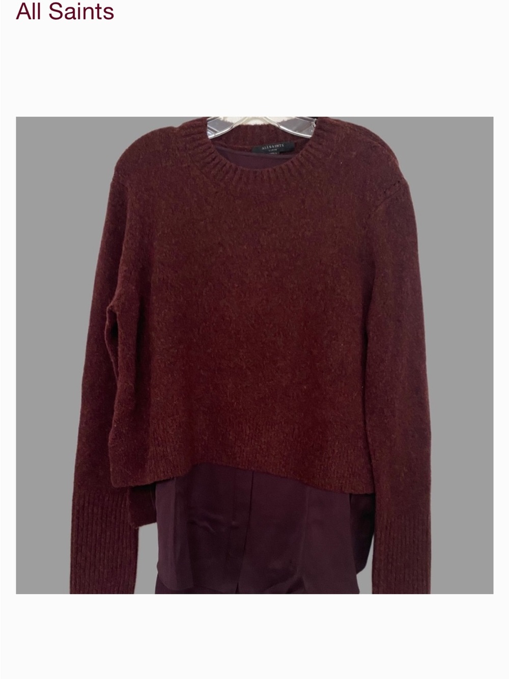 All Saints - Tiereny - Burgundy Layered Crewneck Sweater with Satin undershirt.